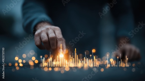 A hand interacts with a glowing soundwave visualization, blending technology and creativity in a captivating digital composition.