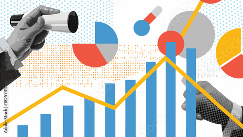 A hand holding a telescope looking at bar graphs and pie charts with a rising yellow trend line