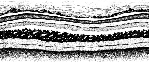 Geological Layers and Strata in Black and White Ink Drawing.