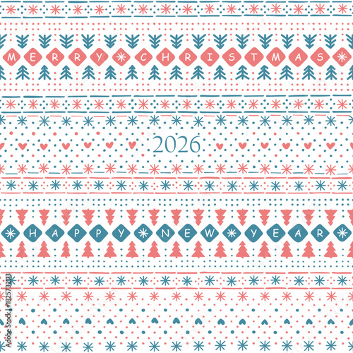 2026 merry christmas. happy new year. winter hand drawn repetitive background. blue, pink christmas ornament. vector seamless pattern. fabric swatch. wrapping paper. textile template. greeting card