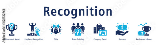 Recognition Web Banner Duotone icon vector illustration concept with icon of achievement award, employee recognition, gifts, team building, company event and bonuses