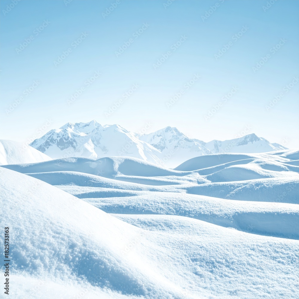 Fototapeta premium Snowy peaks, hills, and valley under clear blue sky