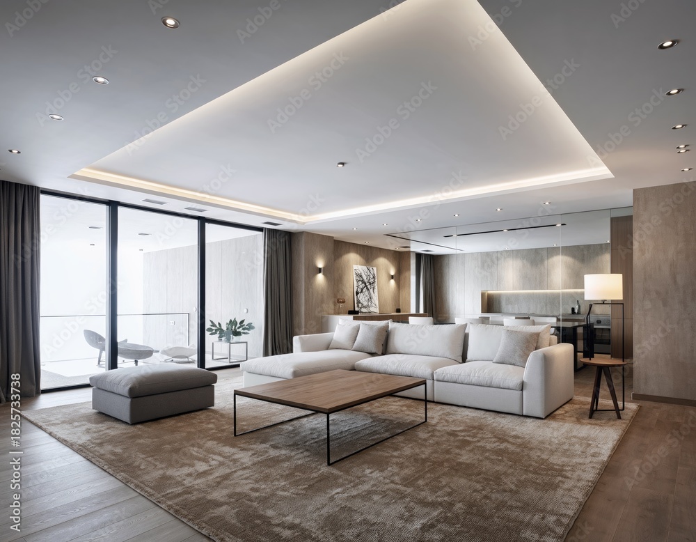 Fototapeta premium Bright, modern living room with sectional sofa & open balcony