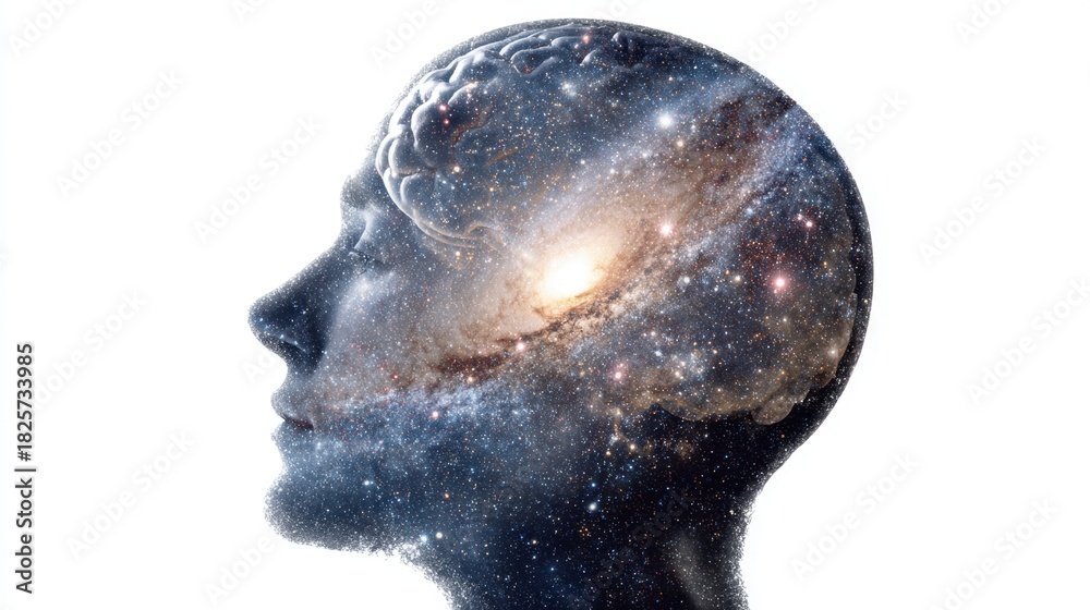 Obraz premium A silhouette of a person's head filled with a galaxy symbolizes deep thought and introspection. Stars and cosmic elements represent the vastness of the mind blending imagination and knowledge.