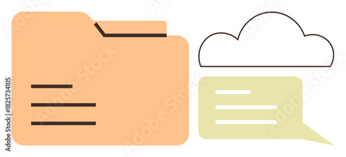 File folder with lines representing documents, cloud outline, and chat bubble. Ideal for data storage, cloud technology, communication, collaboration, sharing files, information exchange simple flat