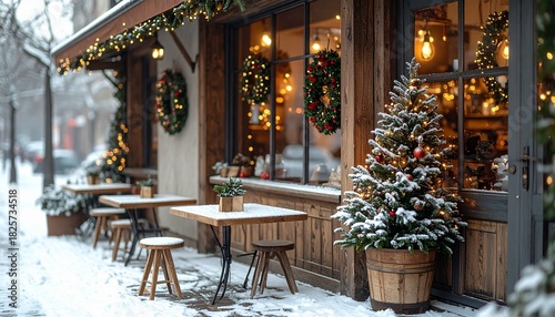 クリスマスのおしゃれなカフェ 雪景色の外観