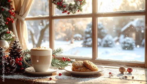 雪景色のクリスマスカフェ　窓辺の席　コーヒーとクッキー
