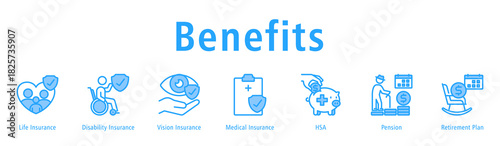 Benefits  Web Banner Blue icon vector illustration concept with icon of life insurance, disability insurance, vision insurance, medical insurance, hsa, pension and retirement plan