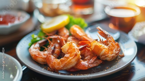 Fototapeta Naklejka Na Ścianę i Meble -  Crispy fried shrimp on a white plate with herbs, on a table in a restaurant. A delicious healthy lunch.