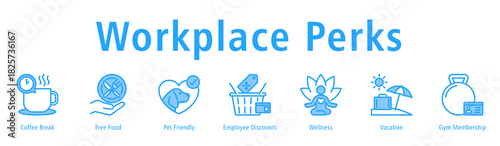 Workplace Perks Web Banner Blue icon vector illustration concept with icon of coffee break, free food, pet friendly, employee discounts, wellness, vacation and gym membership