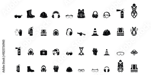 Comprehensive set of industrial safety and personal protective equipment icons in a flat style