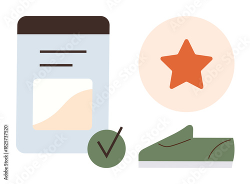 Product box with simple label, star rating symbol, checkmark, and green sneaker. Ideal for quality assurance, branding, marketing, consumer goods product design retail shopping decisions. Simple