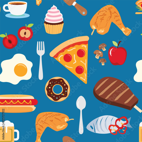 Seamless pattern of various food items on blue background