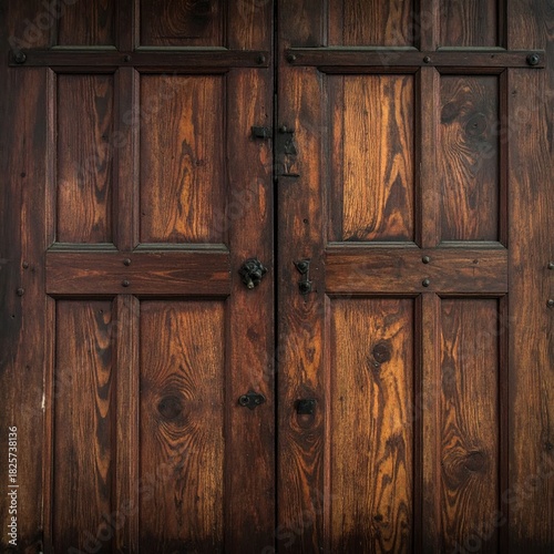Paneled, dark wood double doors with metal hardware