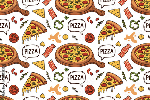 Seamless pattern of pizza slices and ingredients pepperoni