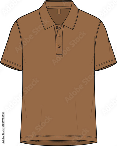 Men's brown polo shirt technical sketch, short sleeve vector illustration, front view, fashion design template, flat drawing, blank apparel mockup