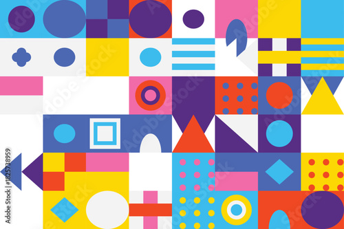 Vibrant abstract background composed of a colorful mosaic of geometric shapes and patterns, a modern flat vector design