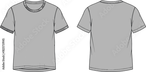 Men's grey t-shirt technical sketch, short sleeve vector illustration, front and back view, fashion design template, blank mockup