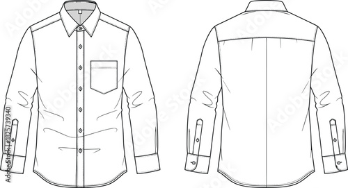 Men's long sleeve shirt technical sketch, button down vector illustration, front and back view, fashion design template, blank mockup