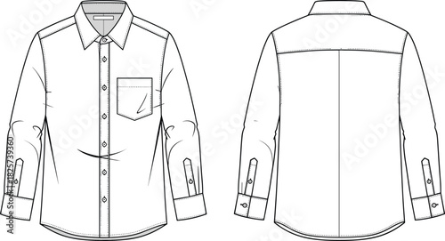 Men's long sleeve shirt technical sketch, button down vector illustration, front and back view, fashion design template, blank mockup