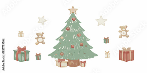 Watercolor christmas tree with gifts and teddy bears illustration