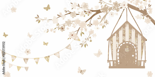 Dreamy treehouse with blossoms butterflies and bunting on a white background