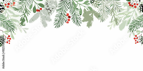Elegant watercolor christmas foliage border with berries and pinecones on white