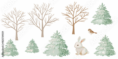 Watercolor winter forest elements with trees rabbit and bird illustration