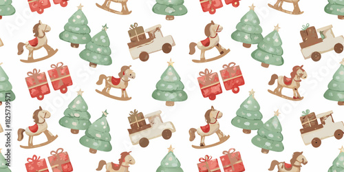 Watercolor christmas pattern with toys trees and gifts on white background