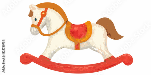 Vintage rocking horse illustration with red saddle and white body