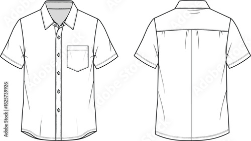 Men's short sleeve shirt technical sketch, button down vector illustration, front and back view, fashion design template, pocket detail, blank mockup