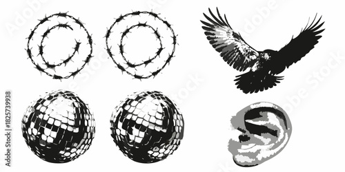 Black and white vector graphics featuring barbed wire eagle sphere and ear