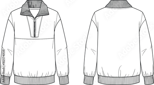 Men's quarter-zip sweatshirt technical sketch, ribbed collar pullover vector, front and back view, fashion design template, flat drawing, blank mockup