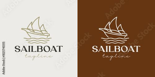 Minimalist sailboat line art logo with ocean waves - Nautical maritime icon
