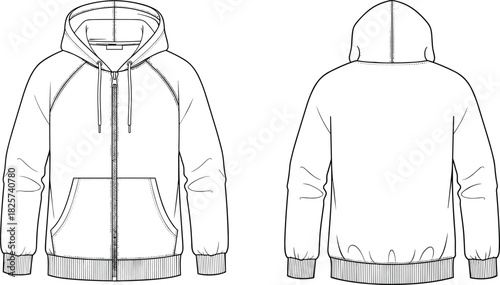 Men's zip-up hoodie technical sketch, raglan sleeve vector illustration, front and back view, fashion design template, blank apparel mockup