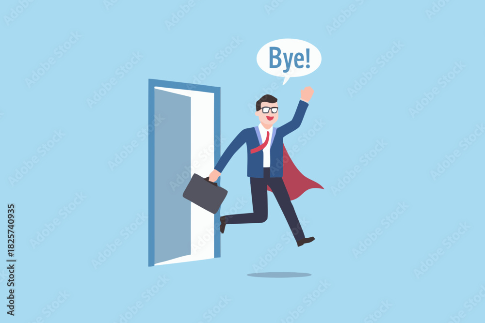 Fototapeta premium Businessman leaving office with cape and briefcase saying goodbye