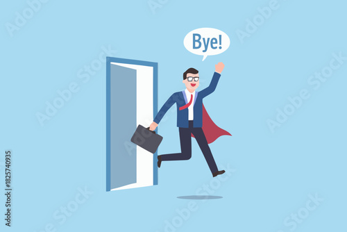 Businessman leaving office with cape and briefcase saying goodbye