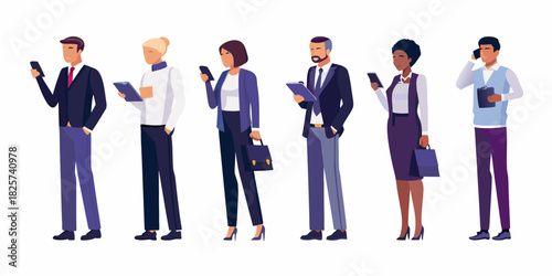 Diverse group of business people using mobile devices and tablets