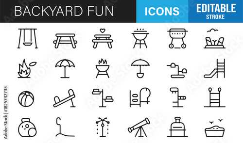 Linear backyard playground and outdoor activity icon set