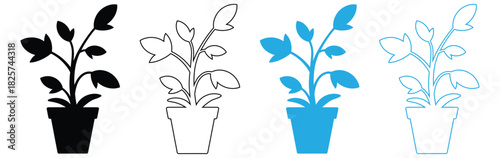 Four potted plants show different stages of wither and death concept,Set of Indoor plant icons.Vector illustration in flat style,Icon of a potted plant.Simple vector illustration on a white background
