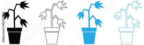 Four potted plants show different stages of wither and death concept,Set of Indoor plant icons.Vector illustration in flat style,Icon of a potted plant.Simple vector illustration on a white background