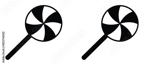 Sweeten your designs with this delightful lollipop duo for playful flair,Candy icon. Lollipop vector illustration. Sweet dessert symbol. Sugar-coated treat sign. Round caramel pictogram.