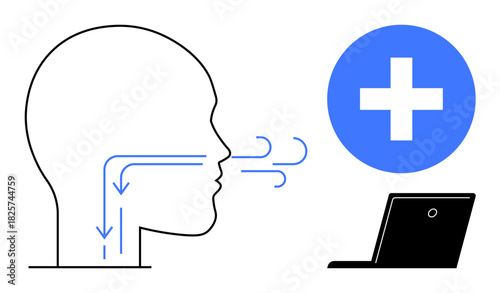 Human profile with airflow pathways beside medical icon and laptop. Ideal for health, telemedicine, diagnostics, breathing exercises, wellness, online healthcare, simple flat metaphor