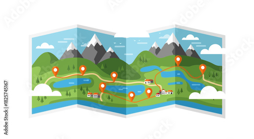 Folded map illustration depicting a scenic route through mountains, lakes, and villages, marked with location pins.