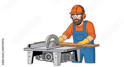 Cartoon illustration of a bearded carpenter using a table saw to cut a piece of wood, wearing safety gear like a hard hat and ear protection.