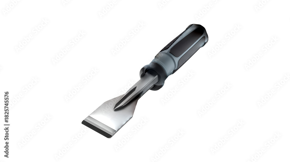 Fototapeta premium Metal Chisel Tool with Black Handle on White Background isolated on a transparent background