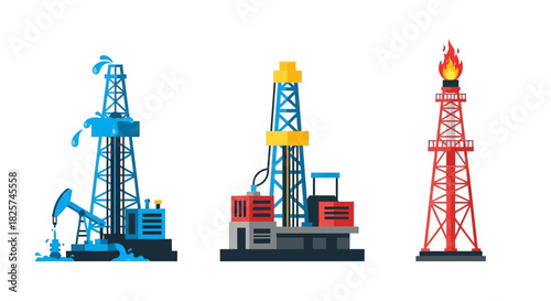 Three oil drilling rigs depicted in a flat vector style, showcasing different designs and colors against a white background.