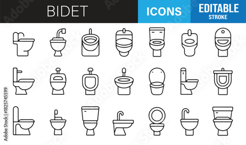 Outline restroom equipment set featuring toilets, urinals, and bidets
