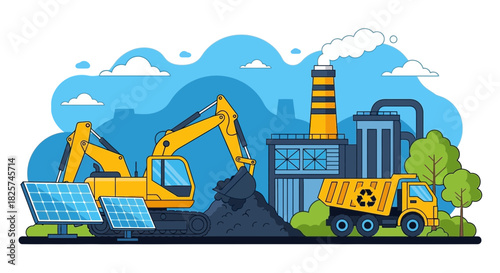 Illustration depicting an excavator loading waste into a truck next to solar panels, with a factory emitting smoke in the background, against a blue sky.