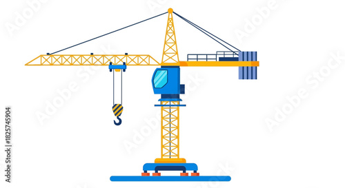 Illustration of a yellow and blue tower crane with a hook and counterweights, isolated on a white background.